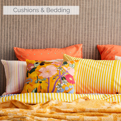 Colourful bedding and interiors from Australia. Kip & Co UK Stockist antopodream. Kip & Co bedding and fashion. Kip & Co UK. Embroidery and embroided cushion for your bedroom.